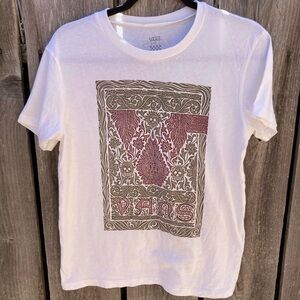 Men's VANS T-Shirt White Geometric Spell-Out S Cotton Skateboard Streetwear